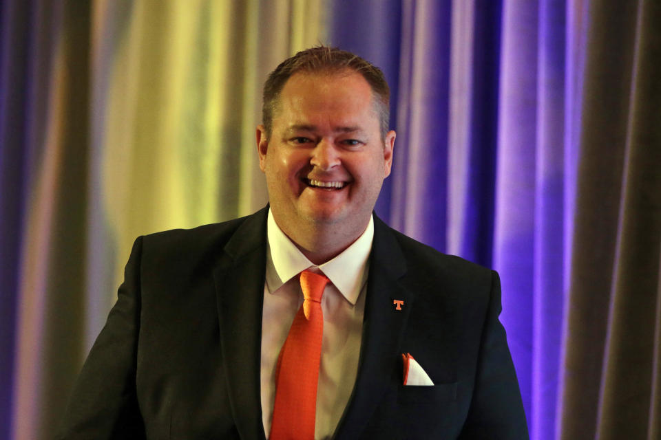 Tennessee head coach Josh Heupel speaks to reporters during a Southeastern Conference Media Days NCAA college football news conference, Tuesday, July 20, 2021, in Hoover, Ala. (AP Photo/Butch Dill)