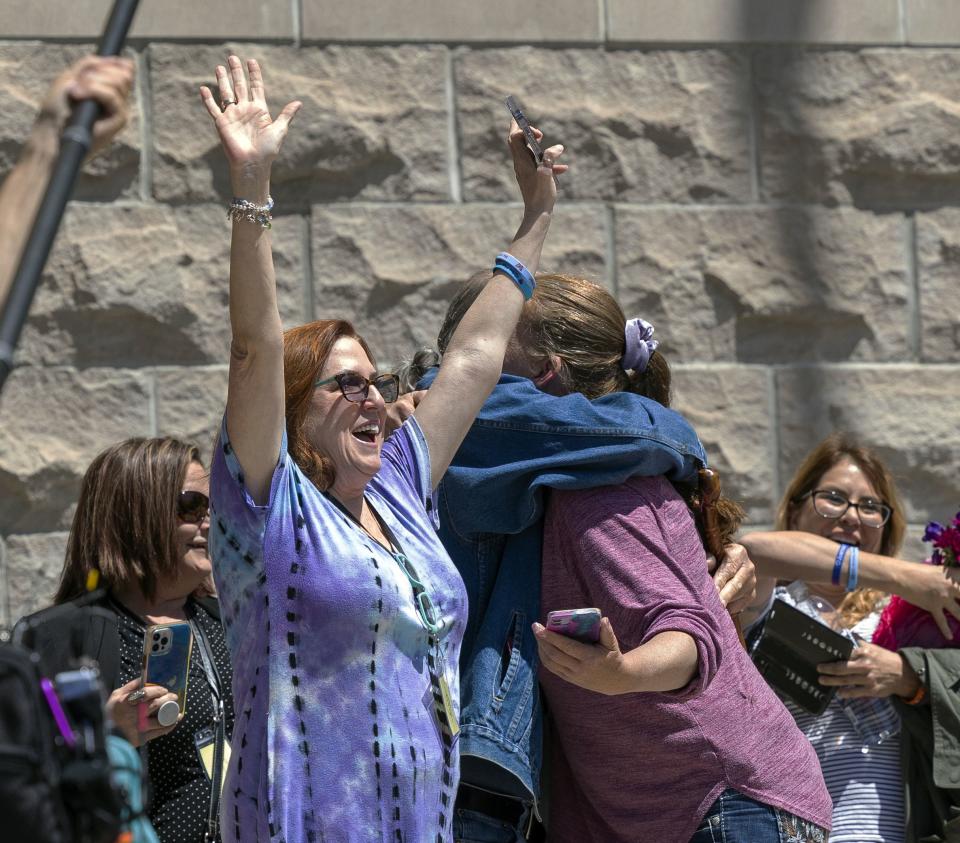 Kay Woodcock, grandmother of Joshua Jaxon “JJ” Vallow, walks out of the Ada County Courthouse in Boise, Idaho, on Friday, May 12, 2023. Idaho mother Lori Vallow Daybell was convicted Friday in the murders of her two youngest children and a romantic rival, a verdict that culminates a three-year investigation that included bizarre claims that her son and daughter were zombies and she was a goddess sent to usher in the Biblical apocalypse. | Sarah A. Miller, Idaho Statesman via Associated Press