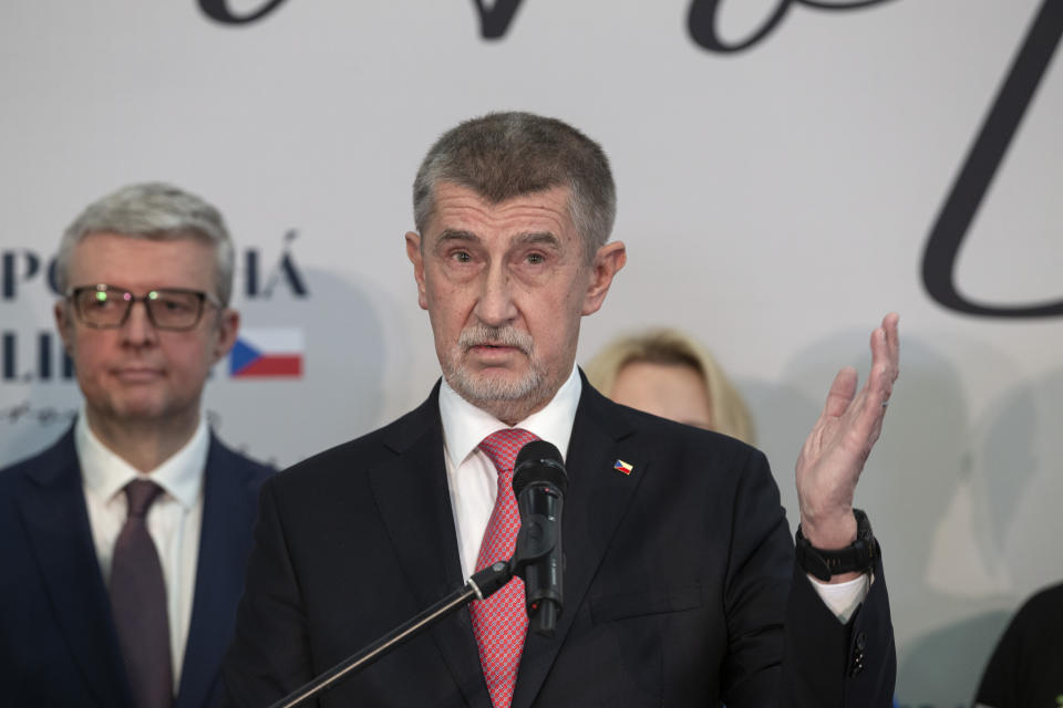 Presidential candidate and former Czech Republic's Prime Minister Andrej Babis, talks to members of media in Prague, Czech Republic, Saturday, Jan. 28, 2023. Retired army General Petr Pavel defeated populist billionaire Andrej Babis in a runoff vote on Saturday to become the new Czech president. Pavel, 61, will succeed controversy-courting Milos Zeman in the largely ceremonial but prestigious post. (AP Photo/Marko Drobnjakovic)