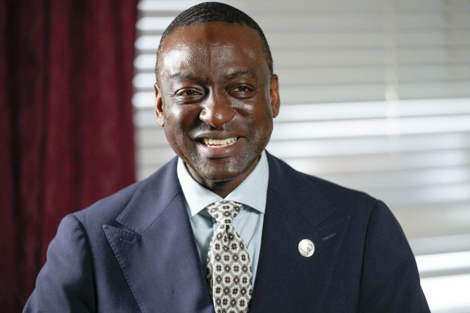 New York City Council candidate Yusef Salaam smiles during an interview with The Associated Press, Wednesday, May 24, 2023, in New York. Salaam is one of three candidates in a competitive June 27 Democratic primary. With early voting already begun, he faces two seasoned political veterans: New York Assembly members Al Taylor, 65, and Inez Dickens, 73, who previously represented Harlem on the City Council. (AP Photo/Mary Altaffer)