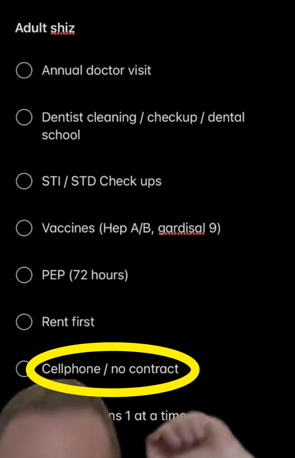 John's list and "Cellphone / no contract" is circled