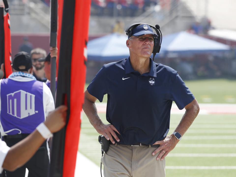 Connecticut coach Randy Edsall coaches his team against Fresno State during the second half of an NCAA college football game in Fresno, Calif., Saturday, Aug. 28, 2021. (AP Photo/Gary Kazanjian)