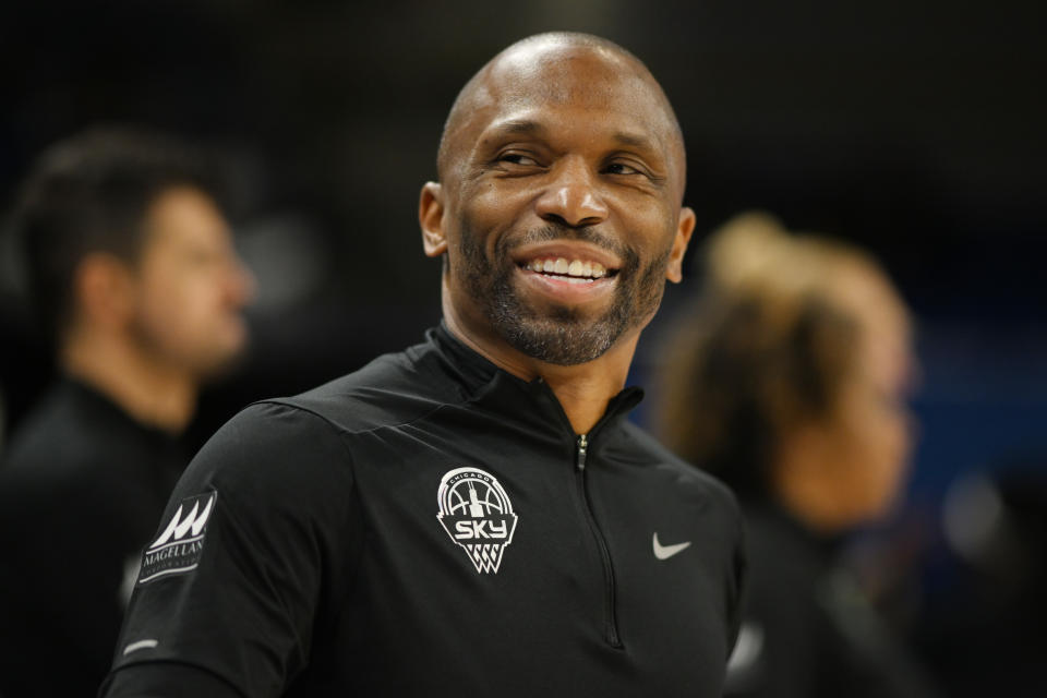 CHICAGO, ILLINOIS - MAY 26: Head coach James Wade of the Chicago Sky during the game against the Washington Mystics at Wintrust Arena on May 26, 2023 in Chicago, Illinois.  NOTE TO USER: User expressly acknowledges and agrees that, by downloading and or using this photograph, User is consenting to the terms and conditions of the Getty Images License Agreement.  (Photo by Quinn Harris/Getty Images)