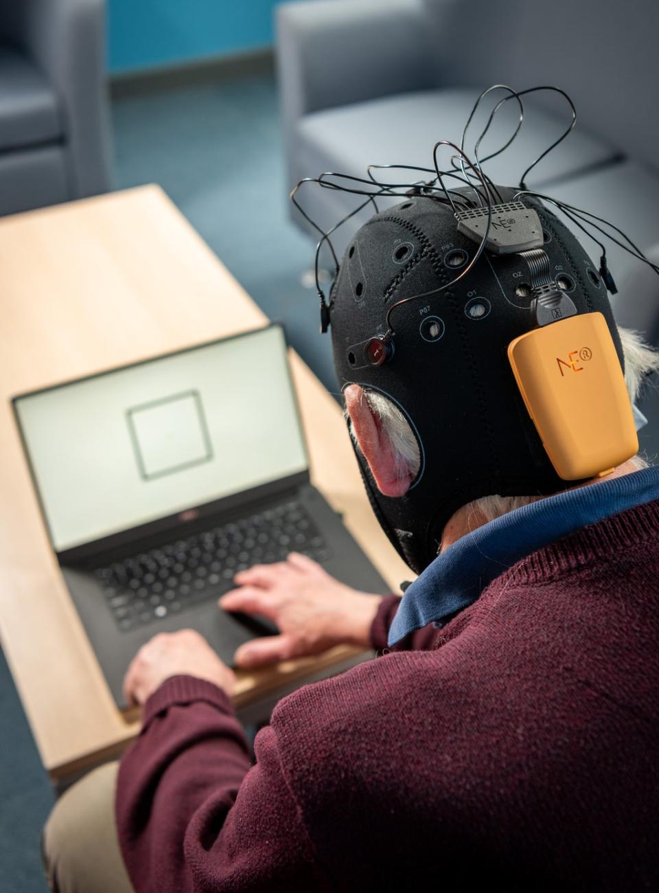 Patients wear the wireless EEG cap and complete tasks on a laptop (Nic Delves Broughton/University of Bath/PA)