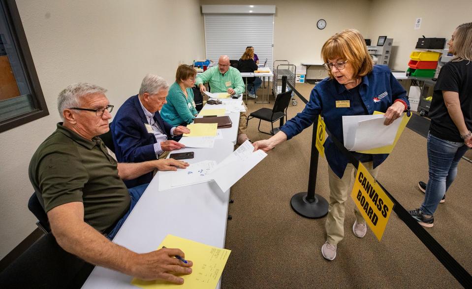 Supervisor of Elections Lori Edwards hands out the totals from a machine recount to Lake Wales Mayor Jack Hilligoss and other members of the Lake Wales Canvass Board during a recount of the Lake Wales ballots at the Polk Supervisor of Elections Office in Winter Haven on Friday.