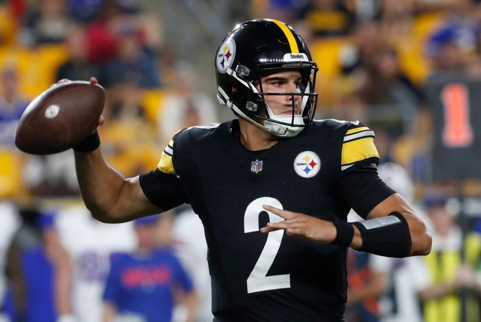 Aug 19, 2023; Pittsburgh, Pennsylvania, USA; Pittsburgh Steelers quarterback Mason Rudolph (2) passes the ball against the Buffalo Bills during the fourth quarter at Acrisure Stadium. Pittsburgh won 27-15. Mandatory Credit: Charles LeClaire-USA TODAY Sports