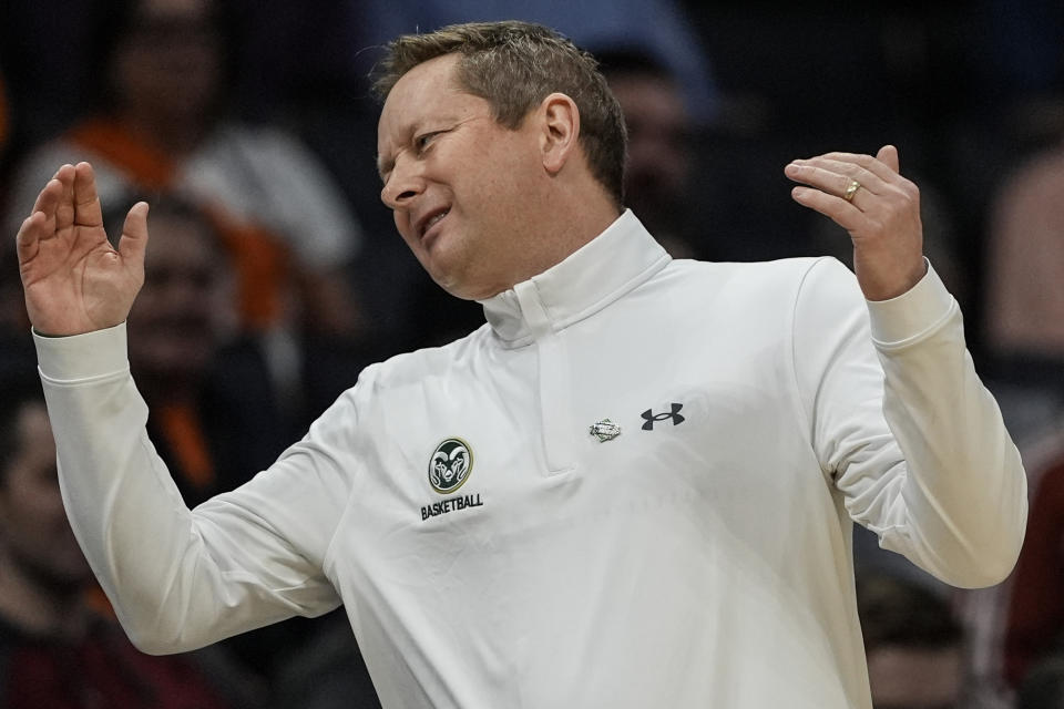 Colorado State head coach Niko Medved reacts to play against Texas during the first half of a first-round college basketball game in that NCAA Tournament, Thursday, March 21, 2024, in Charlotte, N.C. (AP Photo/Mike Stewart)