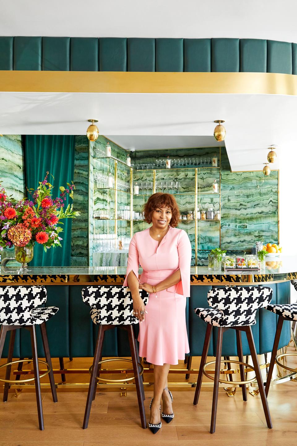 AD100 designer Brigette Romanek in the bar she conceived for the Allbright Club.