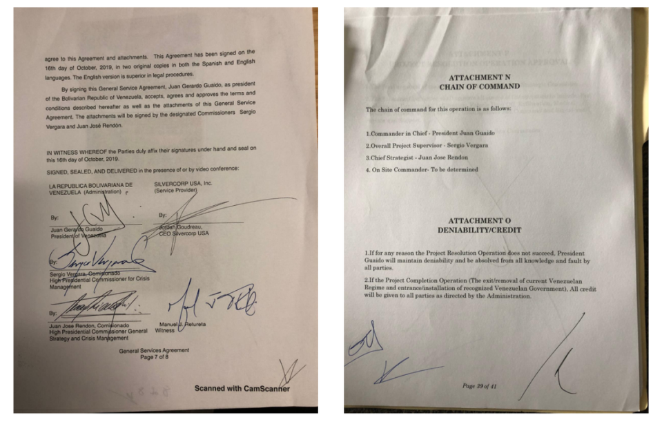 Photos of the ‘General Services Agreement’ allegedly signed by Juan Guaidó and an addendum specifying a built-in deniability clause in case the operation fails.