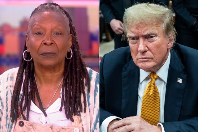 <p>ABC; Jabin Botsford-Pool/Getty</p> Whoopi Goldberg says Donald Trump's name on 'The View' after conviction