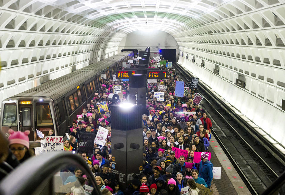 <p>Protesters arrive on the platform at the Capital South Metro station for the Women’s March on Washington on Jan. 21, 2017, in Washington, D.C. (Jessica Kourkounis/Getty Images) </p>