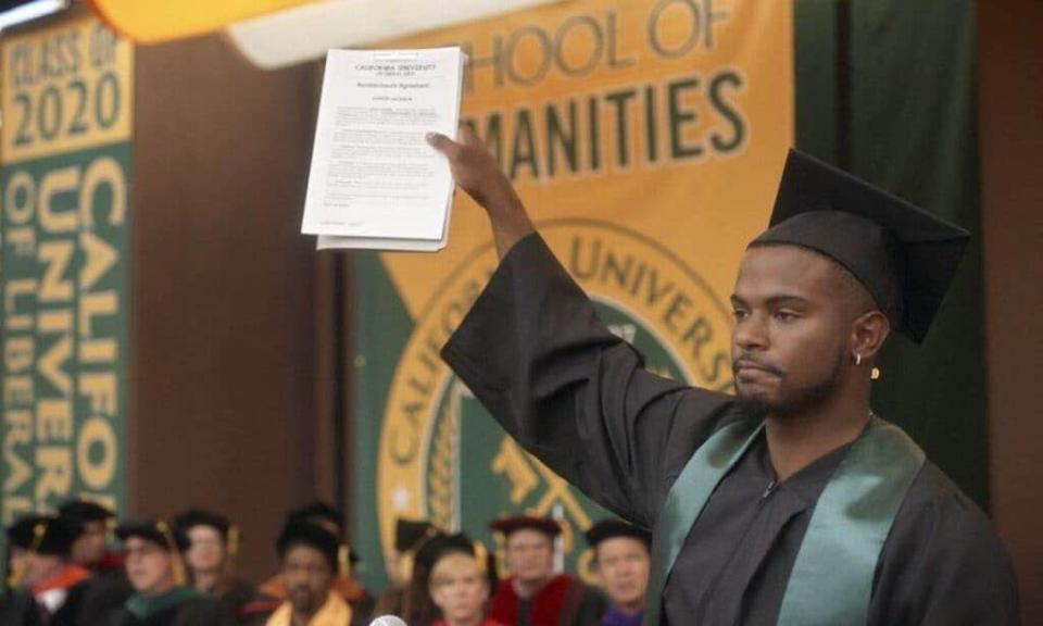 Aaron (Trevor Jackson) graduates from Cal U with a passionate speech about student loan debt on “grown-ish”