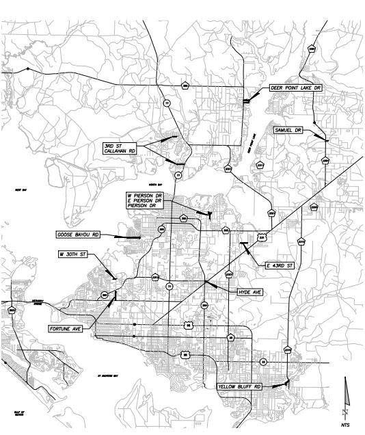 A map of roads slated to be repaired in phase 6 of Bay County's Hurricane Michael roadway rehabilitation project.