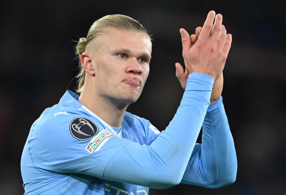 Manchester City's Norwegian striker #09 Erling Haaland applauds the fans following the UEFA Champions League Group G football match between Manchester City and RG Leipzig at the Etihad Stadium, in Manchester, north west England, on November 28, 2023. (Photo by Oli SCARFF / AFP) (Photo by OLI SCARFF/AFP via Getty Images)