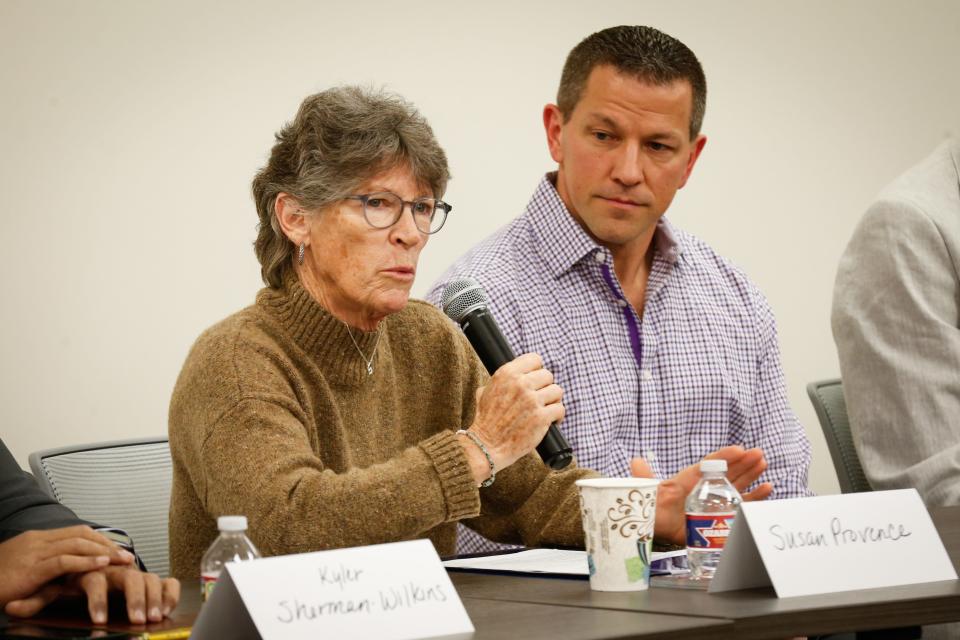 Susan Provance, a former Springfield teacher and coach, answered a question during a public forum March 6 hosted by the Springfield Council of PTAs.