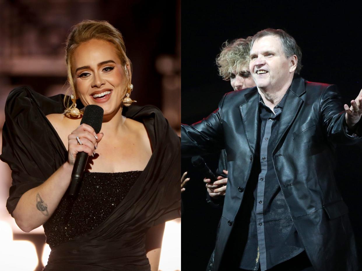 left: adele holding a microphone and smiling on stage, wearing a black dress and planet-themed earrings; right: meat loaf holding out his arms and smiling on stage, wearing an all-black suit