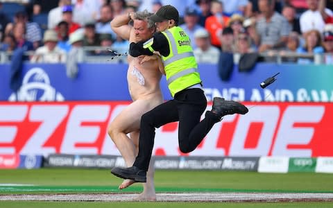 A streaker is seen during the Group Stage match of the ICC Cricket World Cup 2019 between England and New Zealand  - Credit: Clive Mason/Getty Images