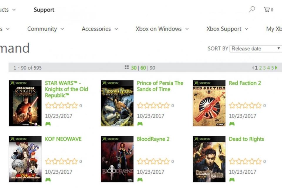 The Xbox marketplace lists six original Xbox titles