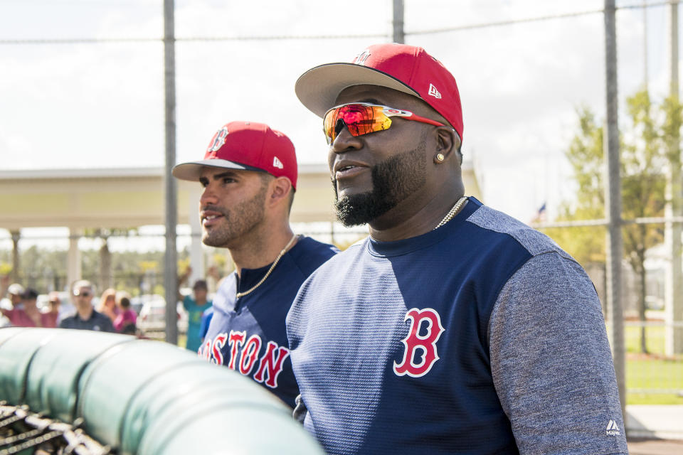 FT. MYERS, FL - MARCH 2: J.D. Martinez #28 of the Boston Red Sox talks with former designated hitter David Ortiz during a team workout on March 2, 2018 at Fenway South in Fort Myers, Florida . (Photo by Billie Weiss/Boston Red Sox/Getty Images)