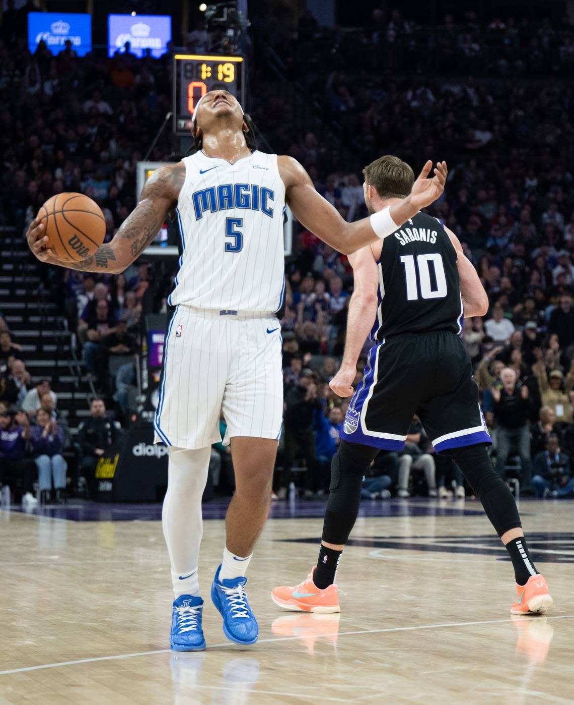 Orlando Magic forward Paolo Banchero (5) reacts after botched play during an NBA game at Golden 1 Center on Wednesday, Jan. 3, 2024. The Kings won138-135 in double overtime. Paul Kitagaki Jr./pkitagaki@sacbee.com