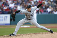 Chicago White Sox pitcher Tim Hill delivers against the Cleveland Guardians during the fifth inning of a baseball game, Monday, April 8, 2024, in Cleveland. (AP Photo/Ron Schwane)