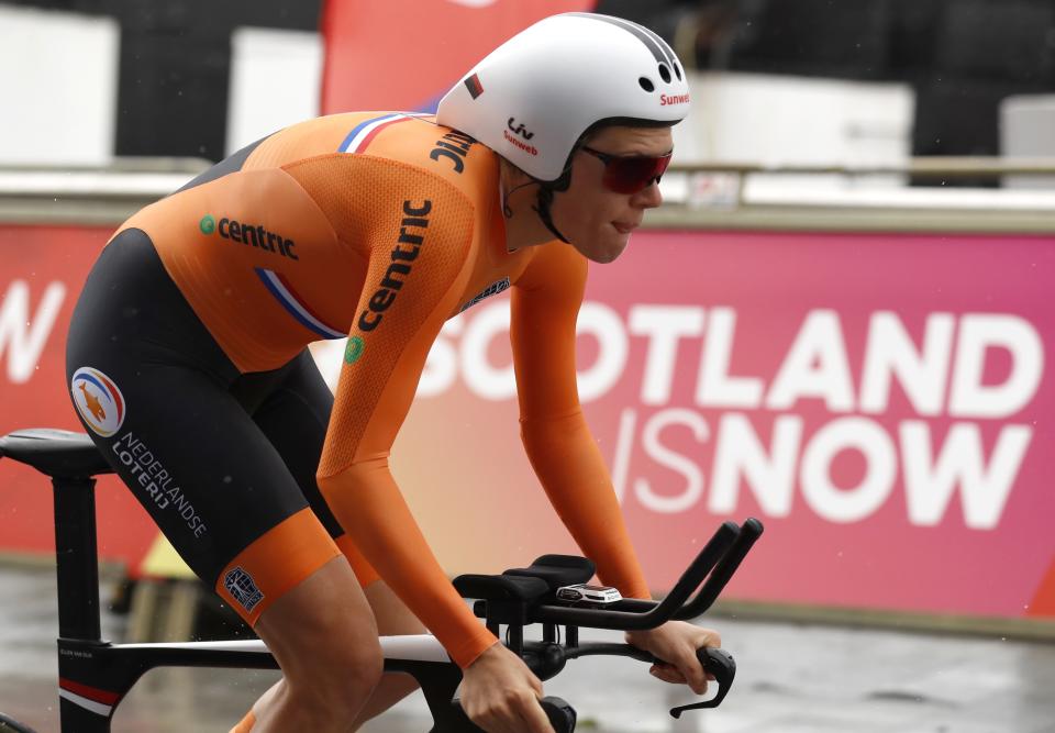 Ellen Dijk Van of Netherlands competes in the women's time trial at the European Cycling Championships in Glasgow, Scotland, Wednesday, Aug. 8, 2018. (AP Photo/Darko Bandic)