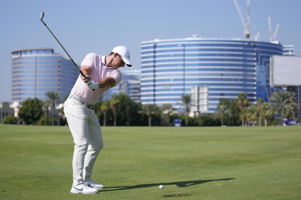 Rory McIlroy of Northern Ireland plays his second shot on the 4th hole during the third round of Dubai Invitational golf tournament, in Dubai, United Arab Emirates, Saturday, Jan. 13, 2024. (AP Photo/Kamran Jebreili)