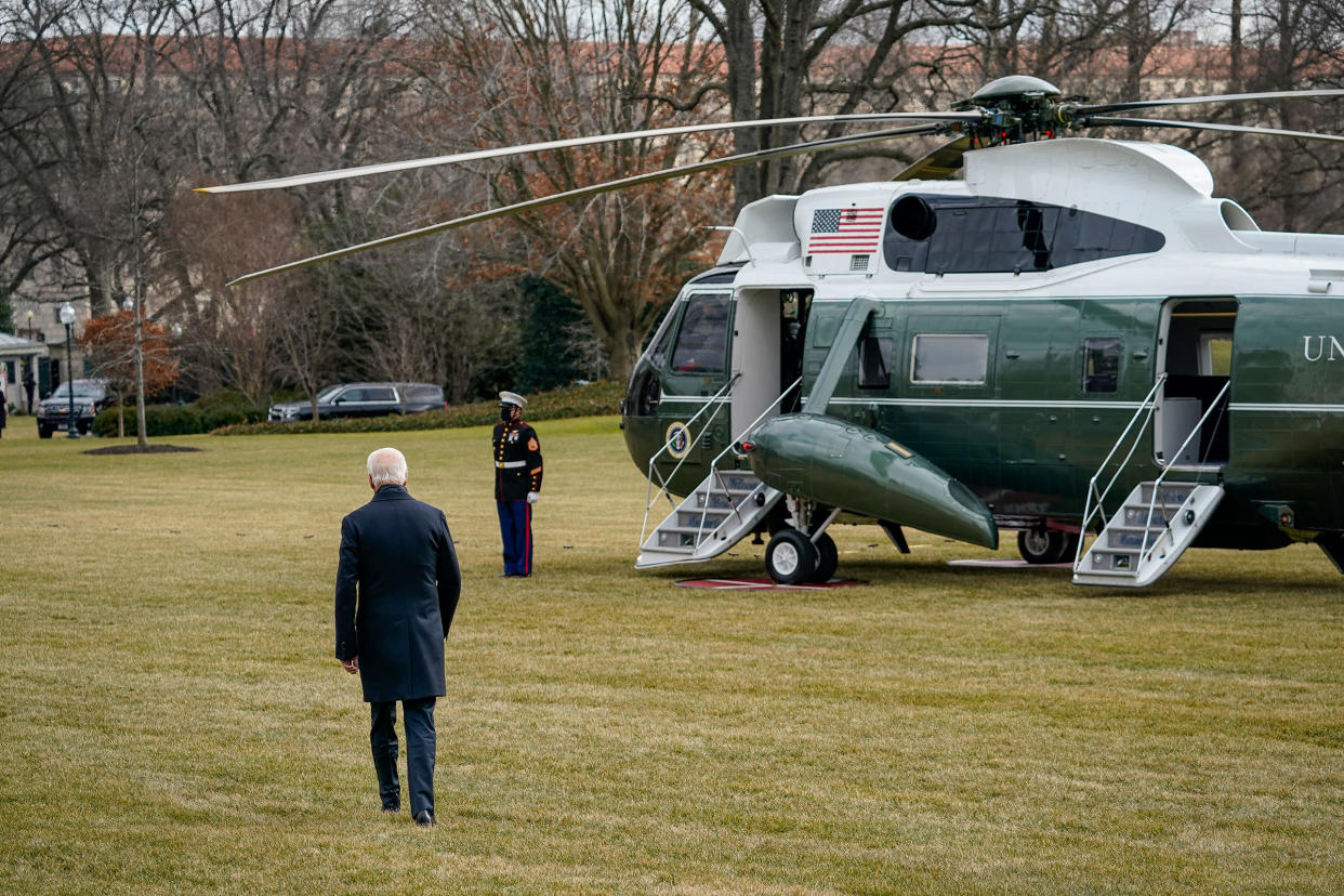 President Joe Biden walks to Marine One on the South Lawn of the White House on Jan. 29, 2021.