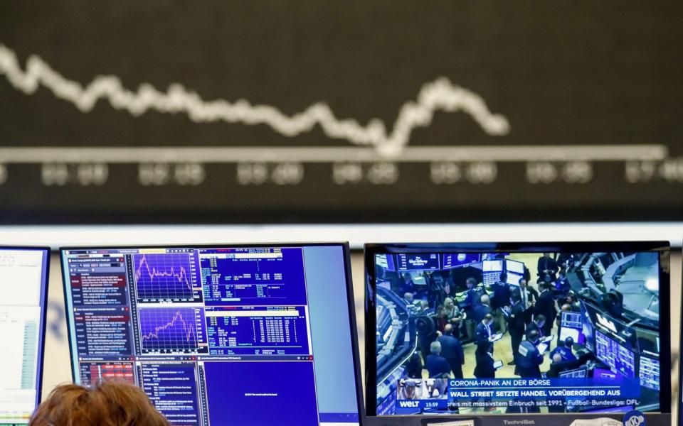 A television screen inside the Frankfurt Stock Exchange, operated by Deutsche Boerse