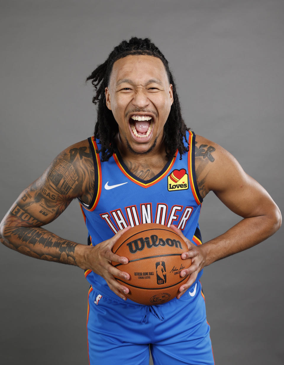 Oct 2, 2023; Oklahoma City, OK, USA; Oklahoma City Thunder forward <a class="link " href="https://sports.yahoo.com/nba/players/6724" data-i13n="sec:content-canvas;subsec:anchor_text;elm:context_link" data-ylk="slk:Jaylin Williams;sec:content-canvas;subsec:anchor_text;elm:context_link;itc:0">Jaylin Williams</a> (6) poses for a photo during media day at Oklahoma City Convention Center. Mandatory Credit: Alonzo Adams-USA TODAY Sports