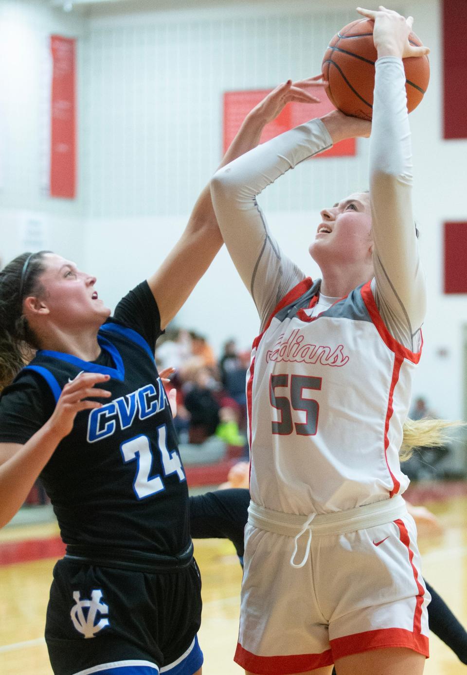 Northwest's Lily Bottomley goes up for a shot during a game against CVCA in January.