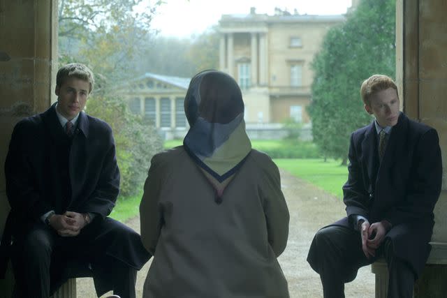 <p>Netflix</p> Ed McVey as Prince William, Imelda Staunton as Queen Elizabeth and Luther Ford as Prince Harry in episode 10 of season 6 of The Crown on Netflix.