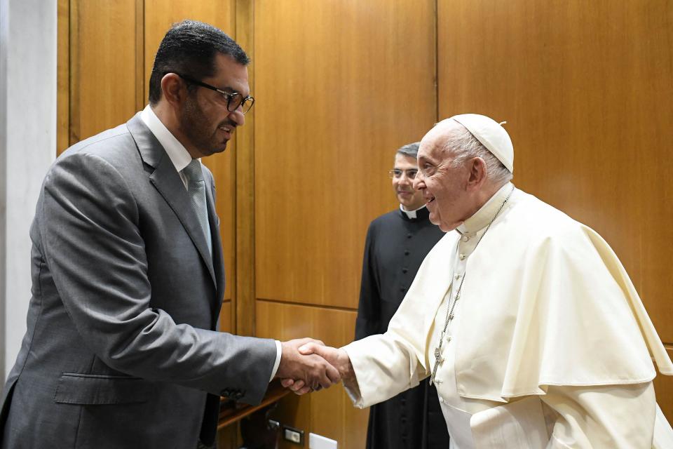 Pope Francis meets Sultan Ahmed Al Jaber at the Vatican on October 11, 2023. Sultan Al Jaber is the United Arab Emirates' special envoy for climate change and the President-Designate of the COP28 climate talks. Photo by (EV) Vatican Media /ABACAPRESS.COM Credit: Abaca Press/Alamy Live News