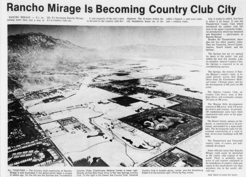 A headline from The Desert Sun in 1974 reflects how well-known Rancho Mirage was for its exclusive country clubs, just a year removed from its incorporation.