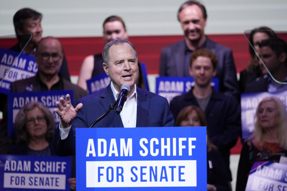 U.S. Rep. Adam Schiff, D-Calif., a U.S. Senate candidate, speaks at an election night party, Tuesday, March 5, 2024, in Los Angeles. (AP Photo/Jae C. Hong)