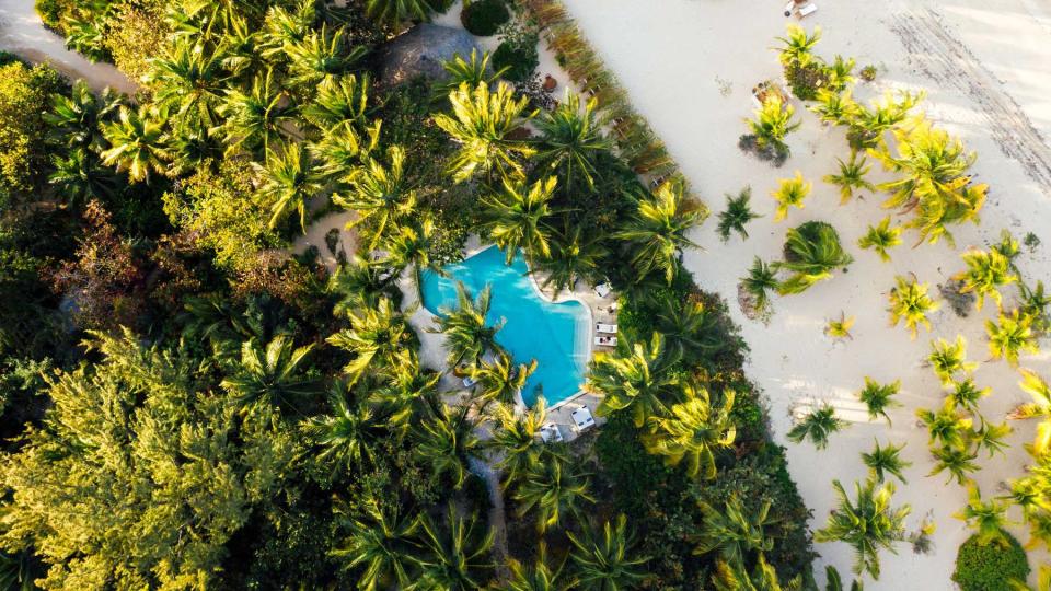 Aerial view of the pool at Kamalame Cay, voted one of the best resorts in the Caribbean