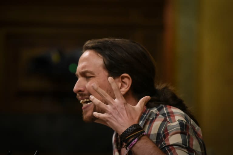 Leader of left-wing party Podemos, Pablo Iglesias, addresses parliament in Madrid