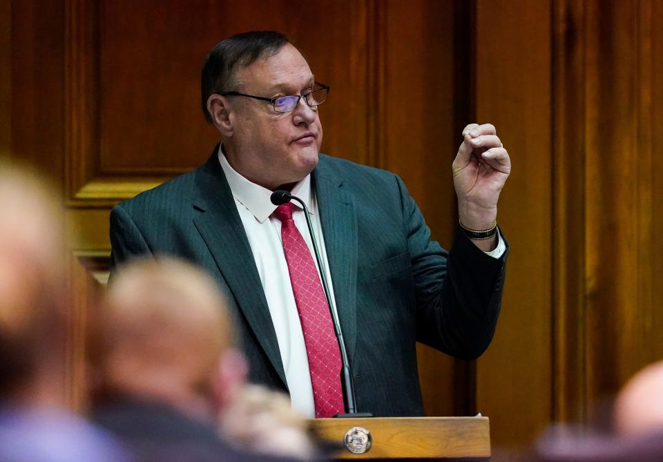 Kevin Brinegar, president of the Indiana Chamber of Commerce, answers questions on Tuesday, Nov. 23, 2021, at the Indiana State House in Indianapolis. The House and Senate Rules and Legislative Procedures committees held a joint meeting to hear public comments on a draft bill involving COVID-19 vaccinations. The hearing focused on ending Gov. Holcomb's pandemic state of emergency order and mask and vaccine mandates for citizens and businesses.