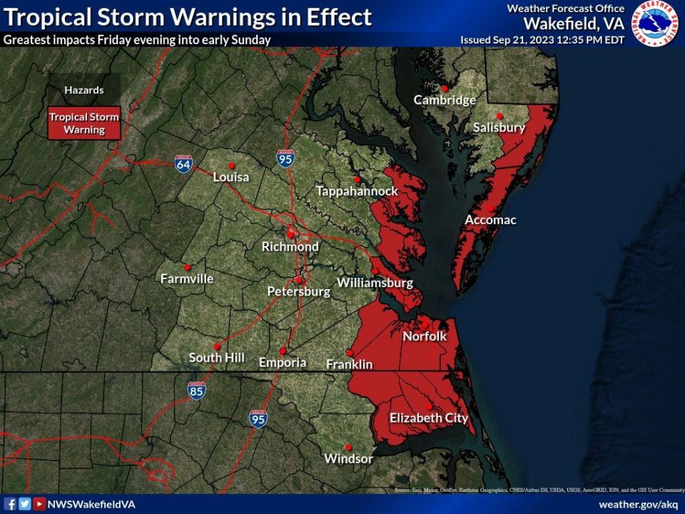 The National Weather Service has issued a tropical storm warning through Saturday for parts of Delaware, Maryland, North Carolina and Virginia through Saturday.
