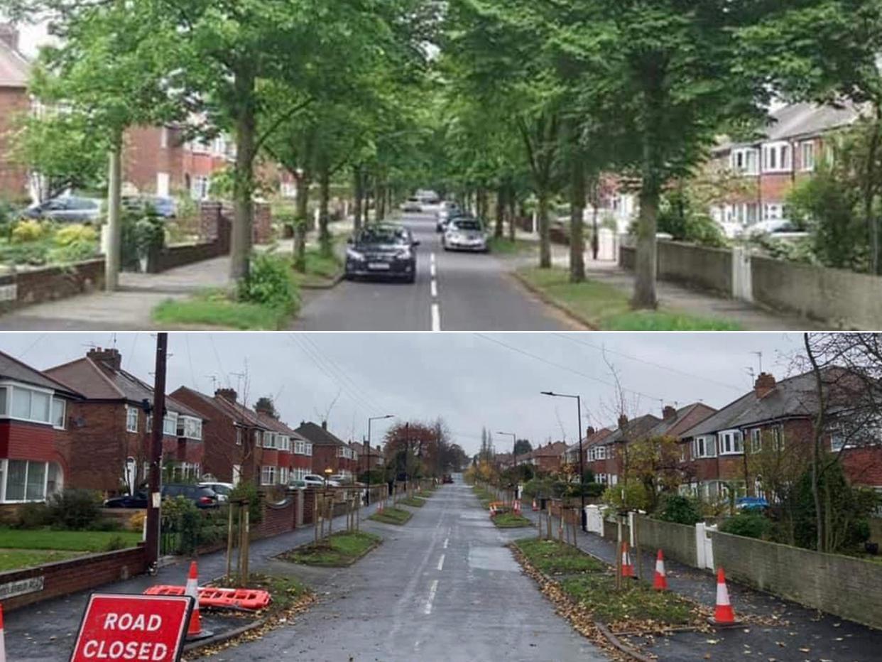 Middlefield Road in Bessacarr. The top photograph shows the trees in full leaf before 60 were cut down, and below, a recent photograph taken from the same spot shows the road now (Sera Serfozo/Richard Needham)