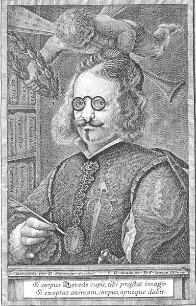 Retrato de un hombre con bigote, barbita y gafas que sujeta una pluma.