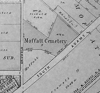 This 1896 Peoria County plat map shows Moffatt Cemetery at South Adams and South Griswold streets. The site, which is the resting place of Nance Legins-Costley, was later paved over.