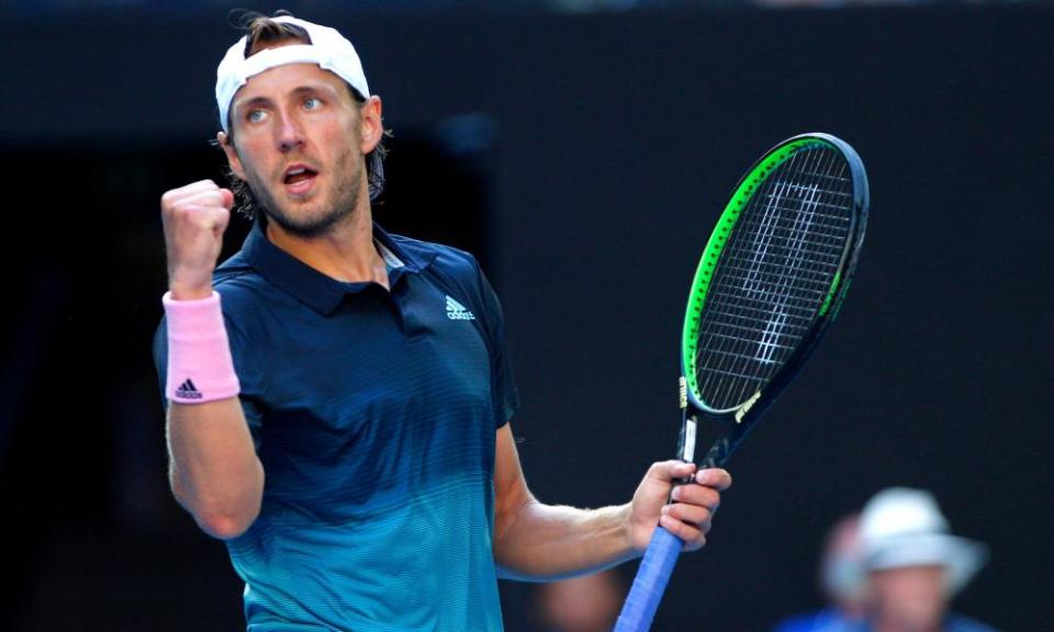 Lucas Pouille celebrates during his Australian Open quarter-final victory over Milos Raonic. The Frenchman faces Novak Djokovic in the semi-finals