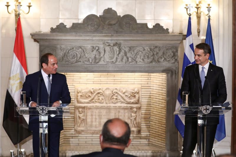 Greek Prime Minister Kyriakos Mitsotakis and Egyptian President Abdel Fattah al-Sisi attend a joint news conference in Maximos Mansion in Athens
