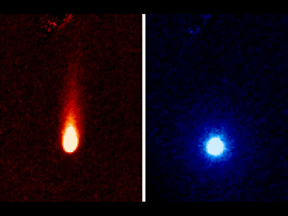 These images from NASA's Spitzer Space Telescope of Comet ISON were taken on June 13, 2013, when ISON was 312 million miles (502 million kilometers) from the sun. The lefthand image shows a tail of fine rocky dust issuing from the comet, blown