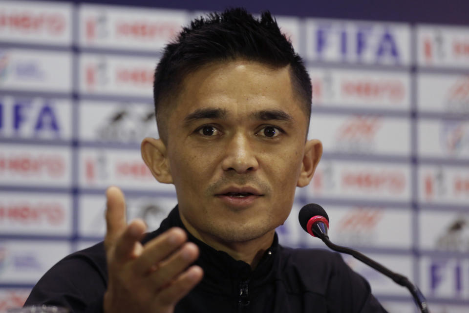 FILE - India's soccer team captain Sunil Chhetri speaks during a pre-match press conference in Kolkata, India, on Oct. 14, 2019. India and Pakistan national football teams met Wednesday, June 21, 2023 for the first time since 2014, with Sunil Chhetri scoring a hat-trick as No. 101-ranked India beat No. 195-ranked Pakistan 4-0 at Bangalore in the opening game of the South Asian championship. (AP Photo/Bikas Das, File)