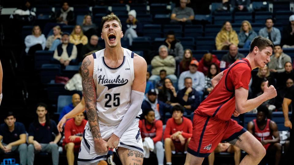 Monmouth's Nikita Konstantynovskyi celebrates during Monmouth's win over Stony Brook on Feb. 17, 2024 in West Long Branch, N.J.