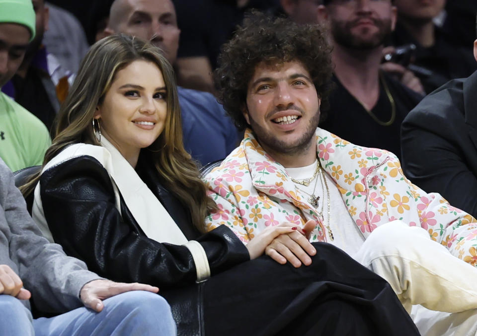 Actress Selena Gomez, left, and actor Benny Blanco during the first half of an NBA basketball game between the Los Angeles Lakers at Crypto.com Arena in Los Angeles Wednesday, Jan. 3, 2024.