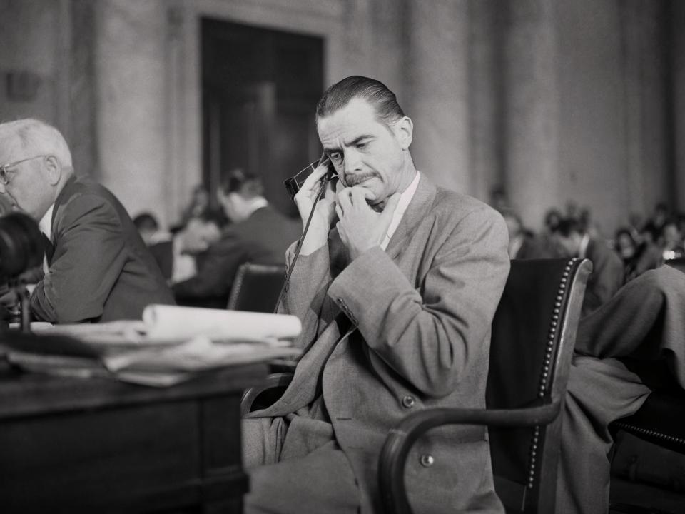 Howard Hughes on the witness stand before the Senate War Investigating Committee