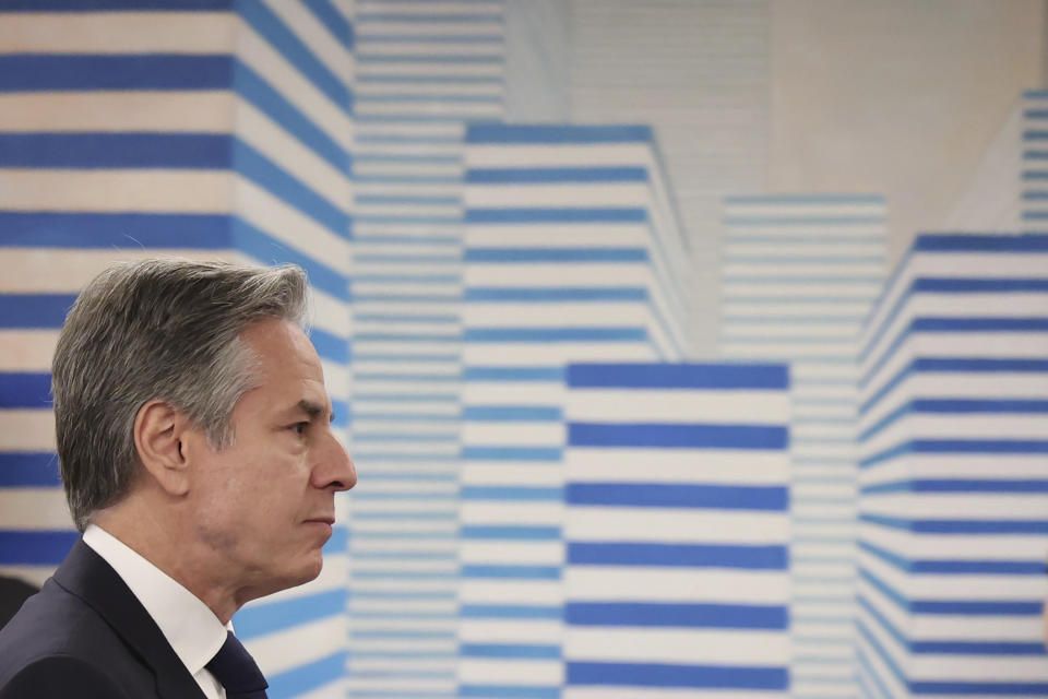 U.S. Secretary of State Antony Blinken attends a meeting with Israeli President Isaac Herzog in Tel Aviv, Israel, Wednesday, May 1, 2024. (Abir Sultan/Pool Photo via AP)